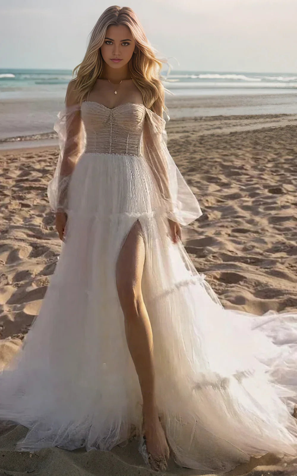 Vestido de novia de manga larga con escote corazón, hombros descubiertos y pliegues de tul ondeantes